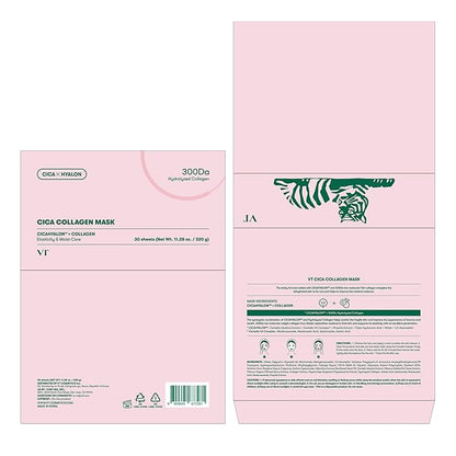 VT COSMETICS CICA Collagen Daily Mask 30 Sheets, 300Da Low Molecular Collagen for Skin Elasticity, Hydrating & Firming, Pink Collagen Essence, Korean Face Mask