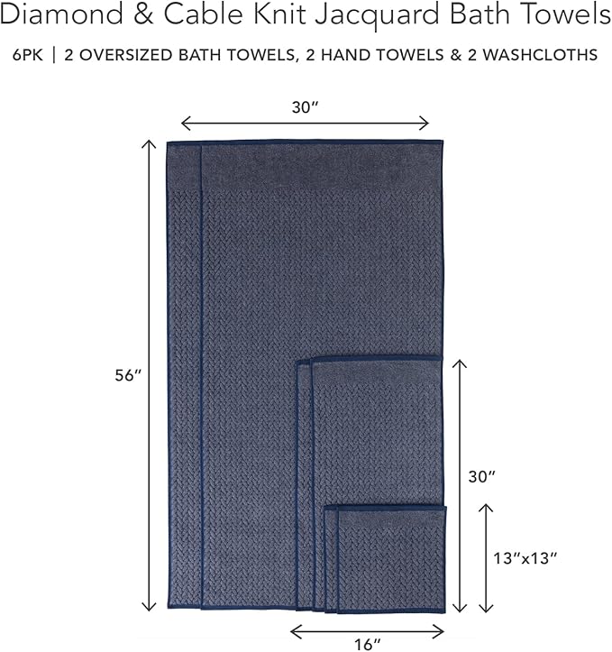 Texere 100% Organic Cotton Jacquard 650 GSM Premium Bath Towel Sets - Extra Absorbent Quick Dry and Plush, 2 Large Bath Towels, 2 Hand Towels, 2 Washcloths (Cable, Estate Blue, 6 Piece)