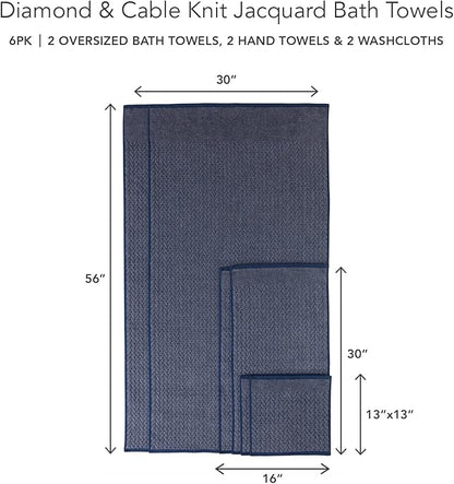 Texere 100% Organic Cotton Jacquard 650 GSM Premium Bath Towel Sets - Extra Absorbent Quick Dry and Plush, 2 Large Bath Towels, 2 Hand Towels, 2 Washcloths (Cable, Estate Blue, 6 Piece)