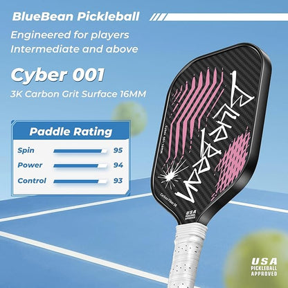 Pickleball Paddles,USAPA,Carbon Fiber Pickleball Paddle with 16MM Polymer Honeycomb Core Provides Lighter Weight&Higher Grit&Spin,Engineered for Professional Players,BlueBean