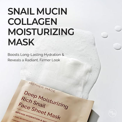 MOTHER MADE Glowing Glass Skin Hydrating Snail Deep Collagen Face Masks Set of 20 EA, with Niacinamide 2%, Vitamin E, Facial Mask for Dry, Sensitive Skin, Self Care, Korean Skincare