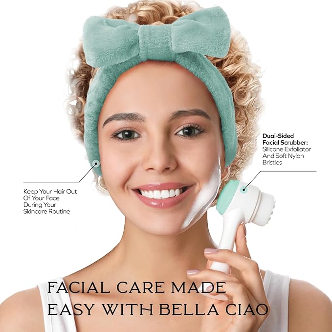 Bella Ciao 3-in-1 Facial Skin Care Set - Makeup Remover Pads, Plush Headband, Dual Function Face Brush: Exfoliation & Cleansing - Skincare Set for Make Up Remover & Facial Cleansing Brush