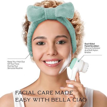 Bella Ciao 3-in-1 Facial Skin Care Set - Makeup Remover Pads, Plush Headband, Dual Function Face Brush: Exfoliation & Cleansing - Skincare Set for Make Up Remover & Facial Cleansing Brush