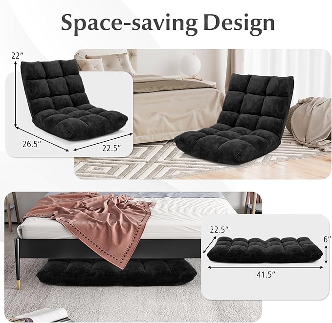 RELAX4LIFE Floor Chair with Back Support - 14-Position Adjustable Lazy Sofa Chair, Padded Sleeper Bed & Couch Recliner for Reading Meditation, Folding Floor Gaming Chair for Adults (Black)