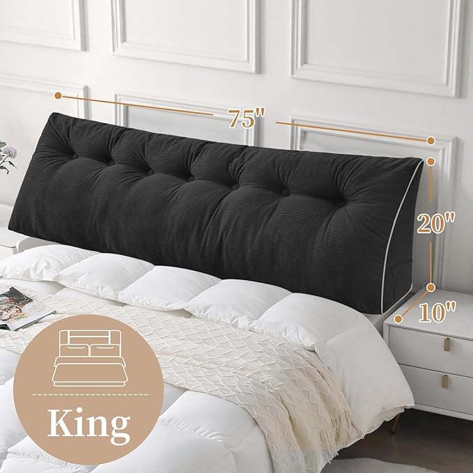Sasttie Headboard Pillow King, Wedge Pillow Headboard for Sitting Up in Bed, Back-Rest Support Triangular Cushion for Reading - Features Removable Washable Cover, Black