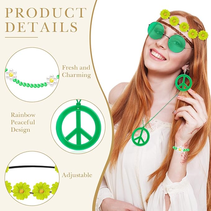 Batiyeer 6 Pcs Hippie Costume Accessories Set, Boho Peace Sign Daisy Flower 60s 70s Party Favors Decor for Groovy Party Women