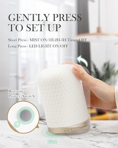 Essential Oil Diffuser,110ML Diffusers for Essential Oils Large Room, Ceramic Diffusers Decorative Ultrasonic Defuzzer, Ideal for Aesthetic Home,Dorm Décor, Yoga,White