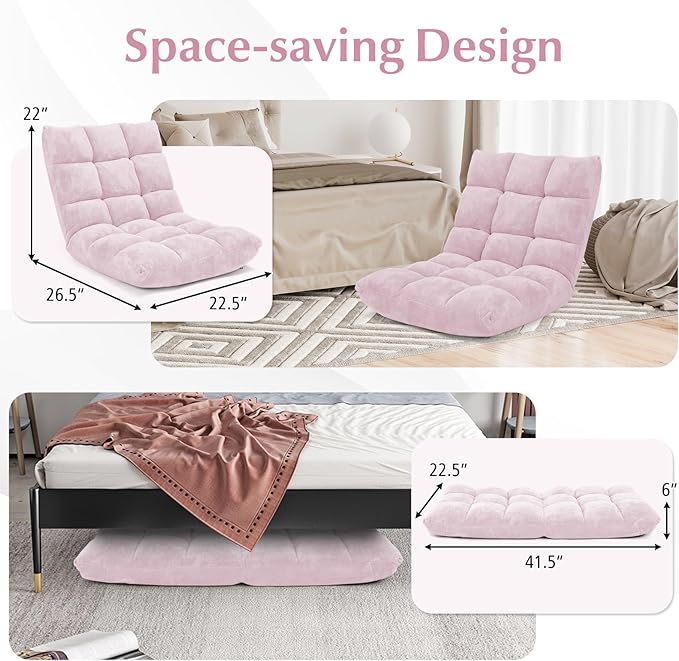 RELAX4LIFE Floor Chair with Back Support - 14-Position Adjustable Lazy Sofa Chair, Padded Sleeper Bed & Couch Recliner for Reading, Meditation, Gaming, Adults (Light Pink)