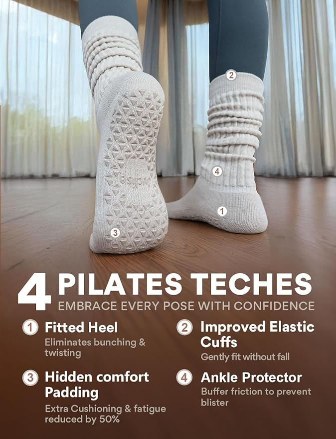 Slouch Pilates Grip Socks Yoga Barre Non Slip Scrunch Merino Wool Gym Workout Breathable Moisture Wicking Anti Odor