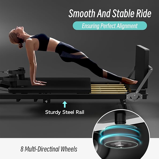 MU 91.5" Foldable Pilates Reformer Machine with Jump Board & Dual Resistance – Adjustable Reformer Pilates Machine for Full-Body Home Workout, 500 lbs Capacity, Up to 6'9" Height Friendly. Black