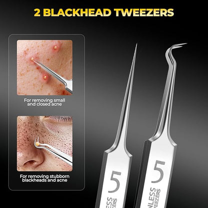 Professional Blackhead Remover Tools,Pimple Popper Tool Kit,Blemish, Whitehead Popping, 8 Pcs Zit Removing for Nose Face, Ingrown Hair Tweezers and Pore Prep Tool