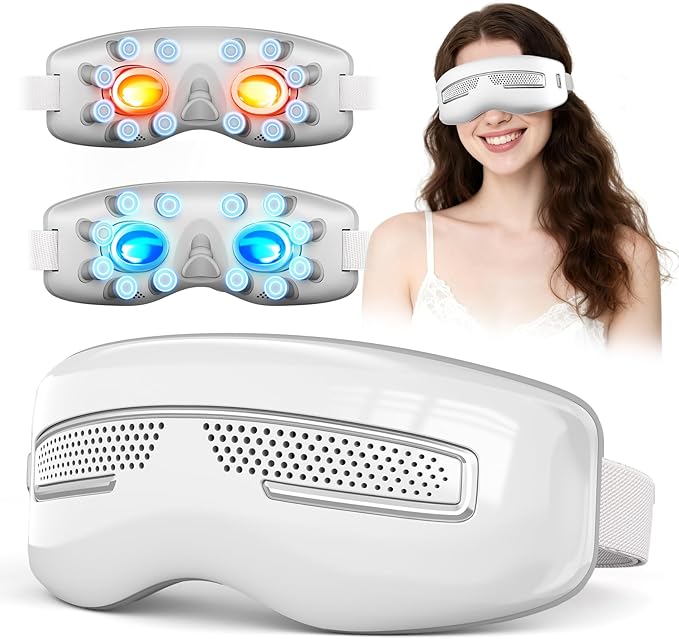 Eye Massager with Heat and Cooling, Integrated Smart Mask with Nose Rest and Soft Silicone Massage head, 4 Massage Modes for Migraines, Dry Eye, Dark Circles,Bluetooth Music, Gift for Women (White)