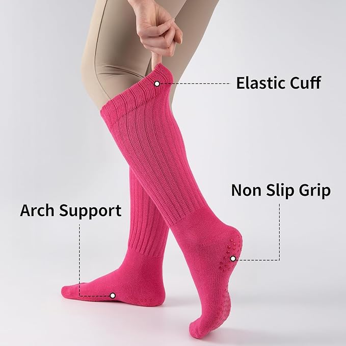 COOVAN Grip Pilates Socks for Women 3 Pairs Yoga Slouch Crew Long Scrunch Slipper Socks for Barre Ballet Dance Hospital