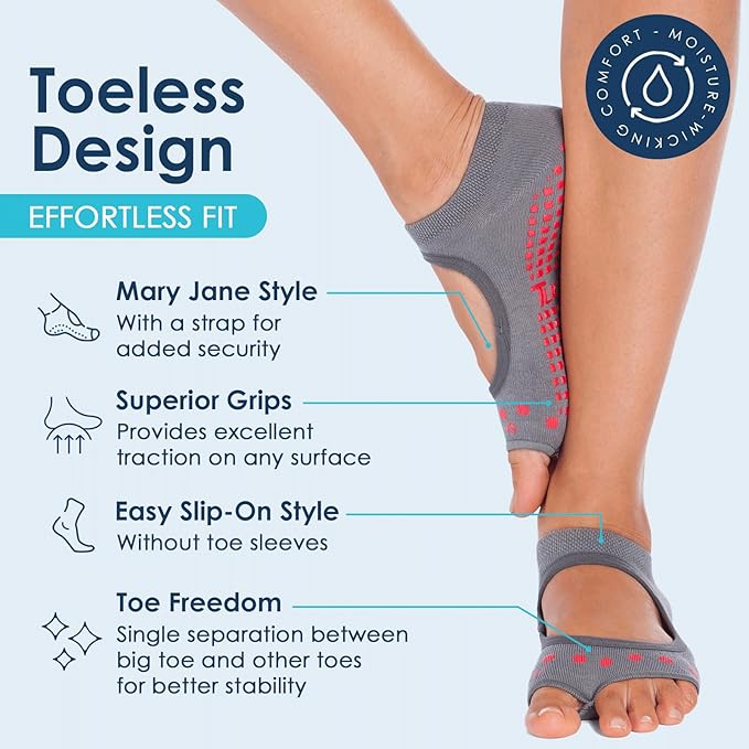 Tucketts Toeless Pilates Socks with Grips for Women, Non-Slip Yoga & Barre Socks for Stability & Barefoot Workouts, Size 6-13