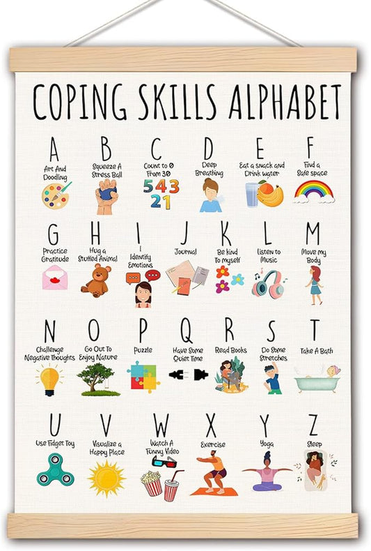DNEULYR Coping Skills Alphabet Mental Health Wall Art Poster, Alphabet Posters for Classroom Wall, ABC Learning Poster Wall Decor for Nursery Kids Room Playroom Preschool, 12x16 Inches