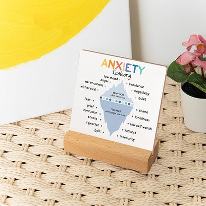 Mental Health Awareness Gift, Anxiety Therapy Wooden Sign With Wooden Stand, Counseling Office Must Haves, Mental Health Gift for Psychologist School Counselor Student Boys Girls Best Friends