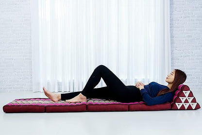 Leewadee Comfortable Japanese Floor Mattress - Thai Floor Bed with Triangle Cushion - Futon Mattress - XL Extra Long Thai Massage Mat, 89 x 20 inches, Auburn Pink, Kapok Filling