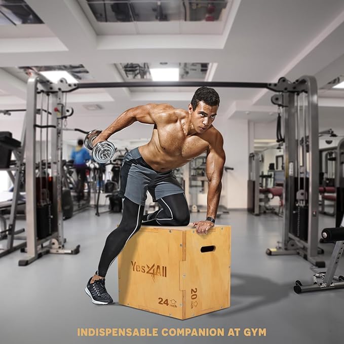 Yes4All Plyo Box, 3-in-1 Wooden Box Jumps for Home Gym (12/14/16 in), 450 lbs Boxes Step Up with Smooth Edges & Wide Built-in Handles for Jumping, Strength Training, Lunges, Squats, Dips