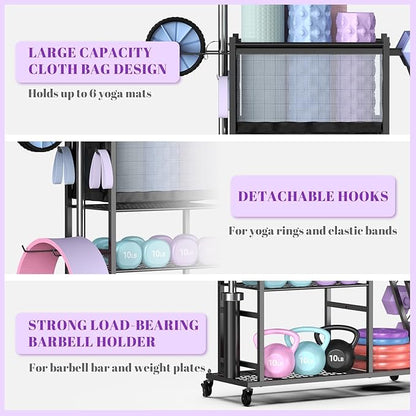 Mythinglogic Dumbbell Rack for Home Gym, Weight Rack for Dumbbells, Multifunctional Yoga Mat Holder for Barbell plates and Kettlebells, Home Gym Storage Rack with Casters