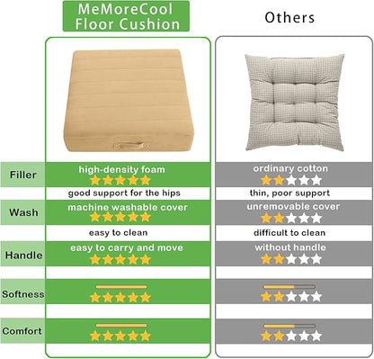 MeMoreCool Square Floor Pillow Seating for Adults Kids, Large Meditation Cushion Floor Pillow with Thick Foam & Soft Tufted Cover, Washable Big Pillow Seat Floor Cushion for Sitting Yoga 22" Khaki