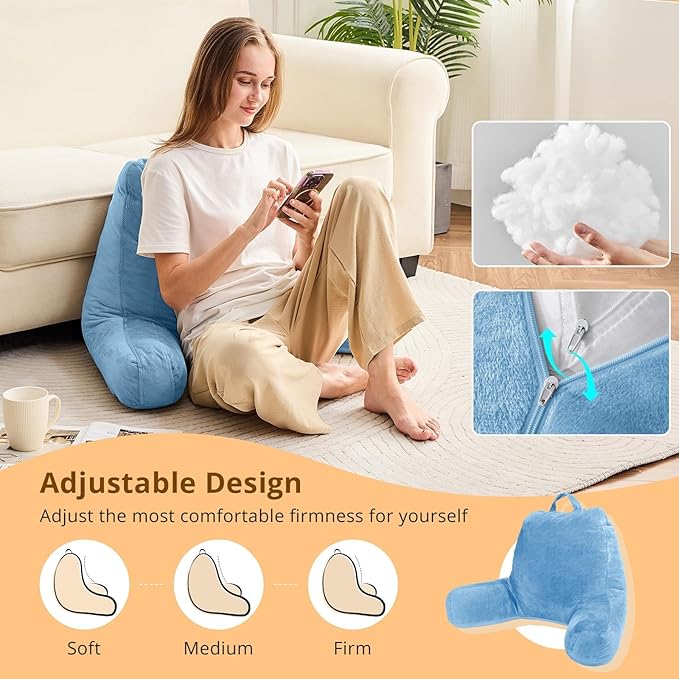 Sasttie Reading Pillow, Velvet Back Pillow for Bed Sitting Up, Adult Back-Rest Support Cushion with Arms for Sit Up on Couch, Sofa, and Floor, Dorm Essentials, Reading Accessories, Blue