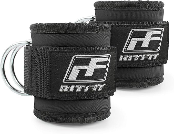 RitFit Padded Ankle Strap for Cable Machine, Strong Hook and Loop.Reinforced Double D-Ring, Adjustable Comfort fit Neoprene - Premium Ankle Cuffs to Enhance Workouts (Double D-Ring)