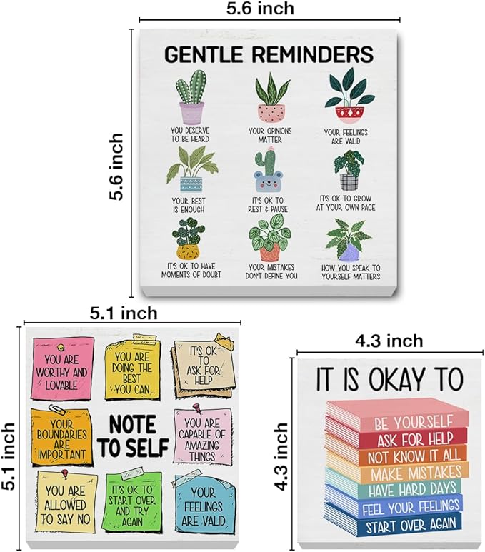 3 Pcs Mental Health Wood Signs Decor Psychology Wood Block Signs Gentle Reminders Note to Self It Is Okay to Be Yourself Wooden Box Signs Classroom Therapy Office Decorations