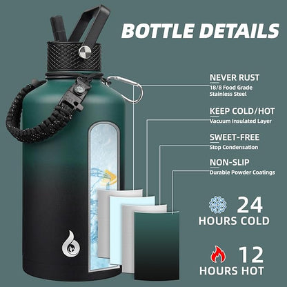 BJPKPK 2/3 Gallon Water Bottle with Straw Lid, 50oz, 64oz, 87oz, 128oz Large, Stainless Steel Water Bottles with 3 Lids and Paracord Handle, Double Wall Vacuum Metal Jug, Army Green & Black