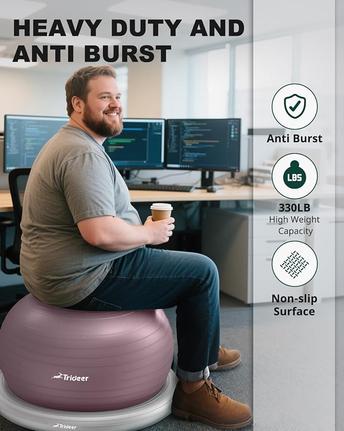 Trideer Exercise Yoga Ball Chair with Base for Home Office Desk, Stability & Fitness Ball Seat to Relieve Back Pain, Home Gym Workout for Abs, Pregnancy Ball with Pump