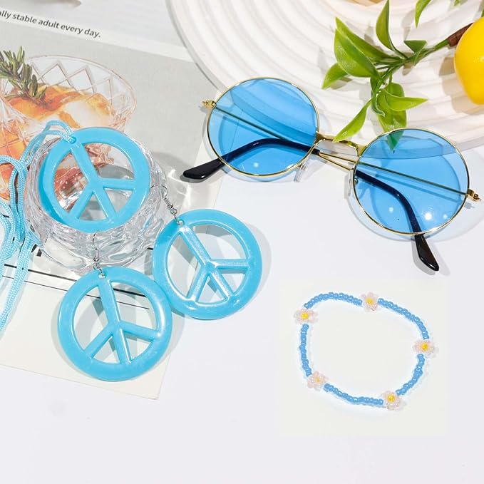 6 Pcs Hippie Costume Accessories Set, Flower Hippie Headband Boho Peace Sign Necklace Earrings Sunglasses Bracelet