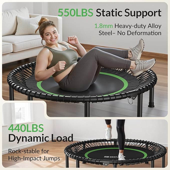 BCAN 450LBS/550LBS Foldable Mini Trampoline, 40"/48" Fitness Trampoline with Durable Bungees, Stable & Quiet Exercise Rebounder for Adults,Great Mini Trampoline for Indoor/Garden Workout - 2