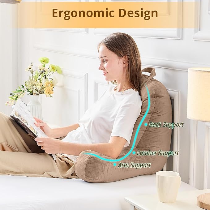 Sasttie Reading Pillow, Velvet Back Pillow for Bed Sitting Up, Adult Back-Rest Support Cushion with Arms for Sit Up on Couch, Sofa, and Floor, Dorm Essentials, Reading Accessories, Light Brown