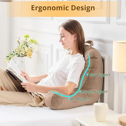 Sasttie Reading Pillow, Velvet Back Pillow for Bed Sitting Up, Adult Back-Rest Support Cushion with Arms for Sit Up on Couch, Sofa, and Floor, Dorm Essentials, Reading Accessories, Light Brown