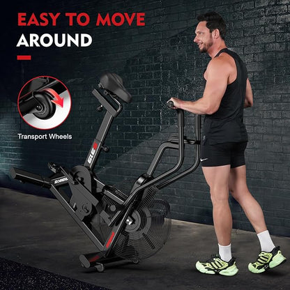 pooboo Exercise Bike, Stationary Bike for Home Gym, Air Resistance Bluetooth Fan Bike w/Dual Acction Handlebars & Dual-Layer Transmission System, Upright AirBike Indoor Cycling Bike for Cardio Workout