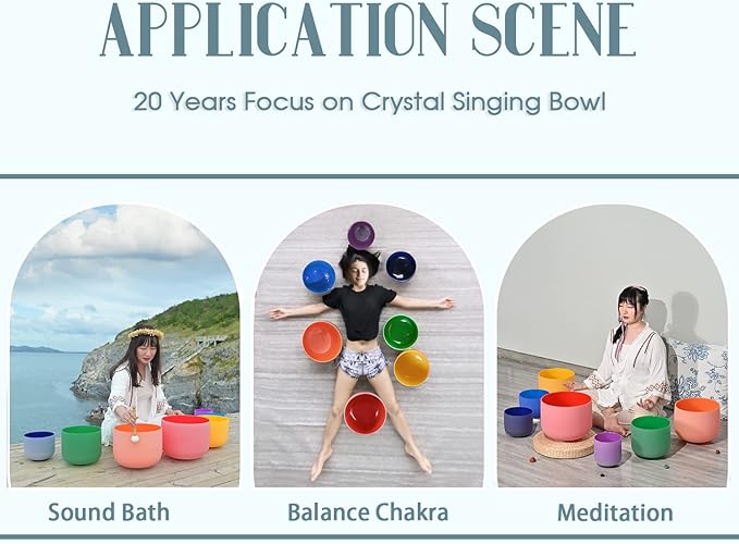 432HZ 6''-12'' Set of 7 Colored Crystal Singing Bowl Set Crystal Sound Healing Frosted Chakra Quartz bowls with 2 Case Bags and Rubber Mallets