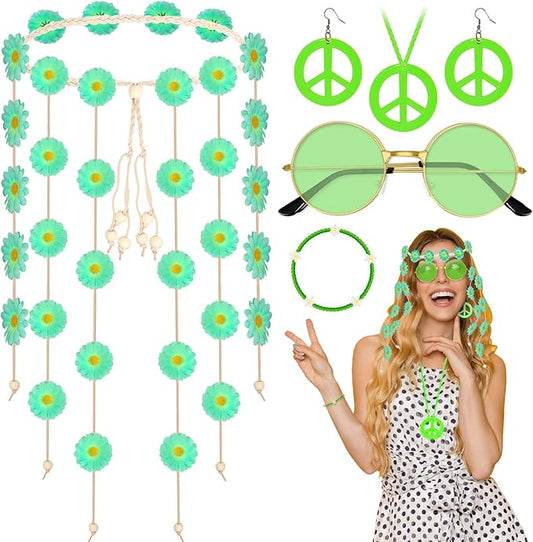 6 Pcs Hippie Costume Accessories Set, Flower Hippie Headband Boho Peace Sign Necklace Earrings Sunglasses Bracelet