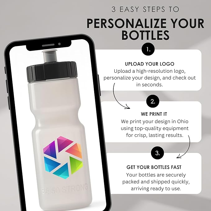 50 Strong Bulk Water Bottles | 24 Pack Sports Bottle | 22 oz. BPA-Free Easy Open with Pull Top Cap | Made in USA | Reusable Plastic Water Bottles for Adults & Kids | Top Rack Dishwasher Safe