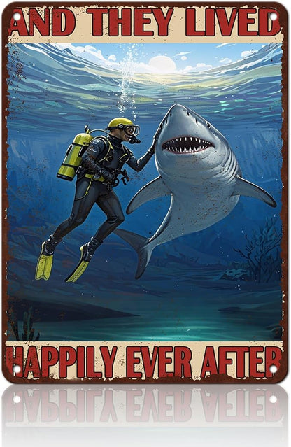 Diver And Shark Metal Tin Sign 12x16 Inch And They Lived Happily Ever After Poster Diver And Shark Tin Sign Home Kitchen Garden Bar Restaurant Cafe Office Shop Cave Man Are Wall Decor