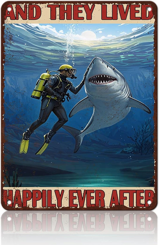 Diver And Shark Metal Tin Sign 12x16 Inch And They Lived Happily Ever After Poster Diver And Shark Tin Sign Home Kitchen Garden Bar Restaurant Cafe Office Shop Cave Man Are Wall Decor