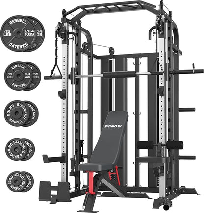 DONOW Smith Machine with Weight Stacks Power Cage Squat Rack Dual Cable Crossover Machine Home Gym Systems Station LAT Pull Down