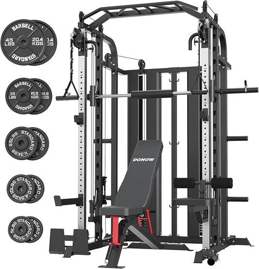 DONOW Smith Machine with Weight Stacks Power Cage Squat Rack Dual Cable Crossover Machine Home Gym Systems Station LAT Pull Down