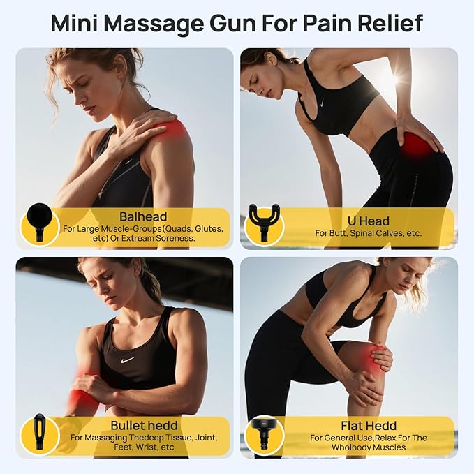 Super Mini Massage Gun Deep Tissue, Percussion Handheld Muscle Massager with 4 Heads, Travel Size Massage Gun for Back, Neck Pain Relief, Quiet for Home, Gym, Office, Gift for Men & Women, Yellow
