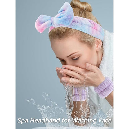 VELSCRUN Spa Headbands for Wash Face, Makeup Headband, Facial Skincare Headbands, 5 Pcs Purple Colourful Puffy Sponge Spa Headband Bow Tie Hair Band Hair Clips Wristband Set Women Girls Accessories