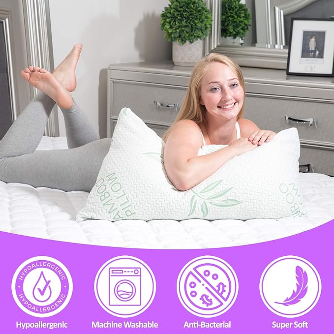 2 Pack King Size Rayon Derived from Bamboo Pillow for, Cooling Shredded Memory Foam Bed Pillows Set – Back, Stomach, Side Sleepers, Removable Cover, Adjustable to Firm / Soft, King (Pack of 2)