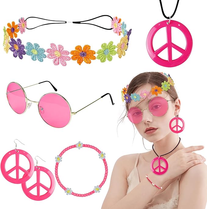 Hippie Costume Accessories Set Peace Sign Necklace Sunglasses Flower Headband Earrings for 60s 70s Outfit Party Women