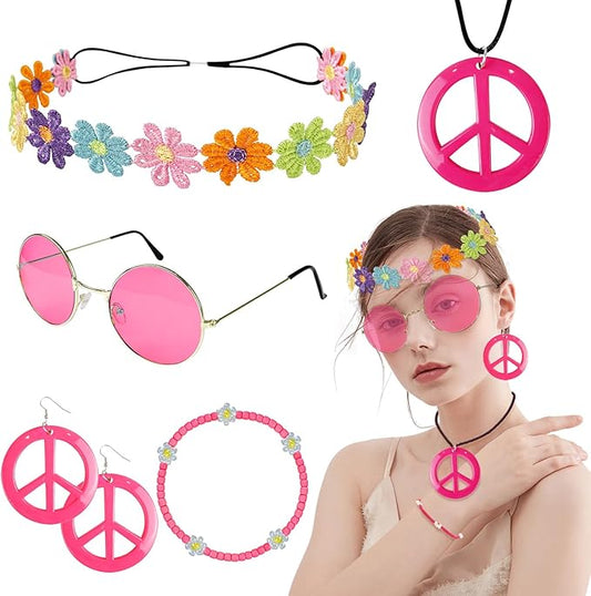 Hippie Costume Accessories Set Peace Sign Necklace Sunglasses Flower Headband Earrings for 60s 70s Outfit Party Women