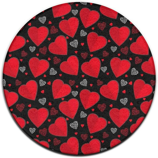 Soft Round Yoga Carpet, Large Home Decor Mat, Non-Slip Machine Washable Kitchen Office Circle Rug Compatible with Valentine's Day Elegant Red Love Heart Black
