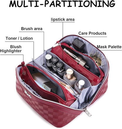 BOYATU Travel Makeup Bag Organizer Cosmetic Bag: 3 Pcs Set Make up Bags for Women with Handle - Waterproof Vegan Leather Toiletry Bags Travel Essentials Pouch with Compartments (C-11-Red)