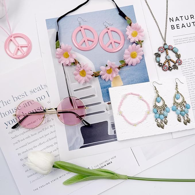 Hippie Costume Accessories for Women Peace Sign Earrings Necklace Flower Headband Sunglasses 60s 70s Accessories
