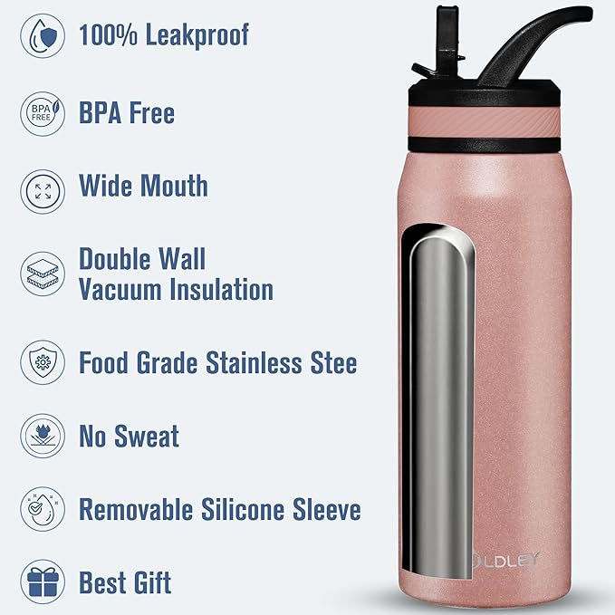OLDLEY 24 oz Insulated Water Bottle With Straw, Stainless Steel Sports Water Cup Flask with 3 Lids(Straw, Spout and Handle Lid) Double Walled Travel Thermal Canteen Mug,Rose Gold